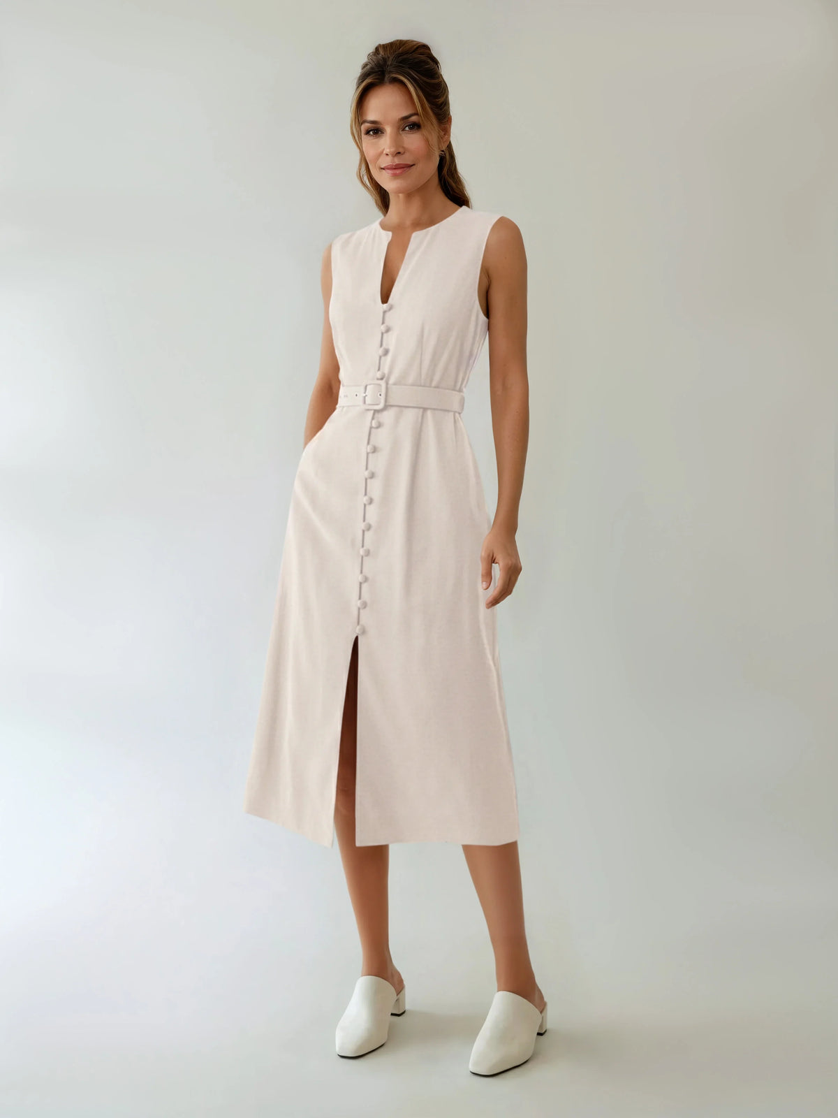 Belted Linen Sleeveless Notched Neck Midi Dress With Colorblock Panels For Elegant Formal Evenings