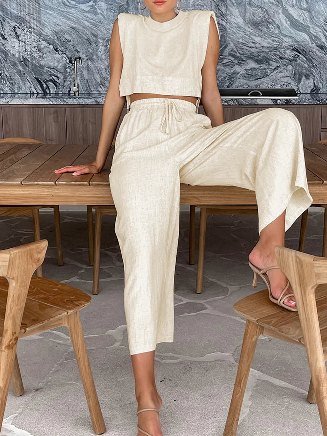 Always Chic Linen Two Piece Wide Leg Pants Set