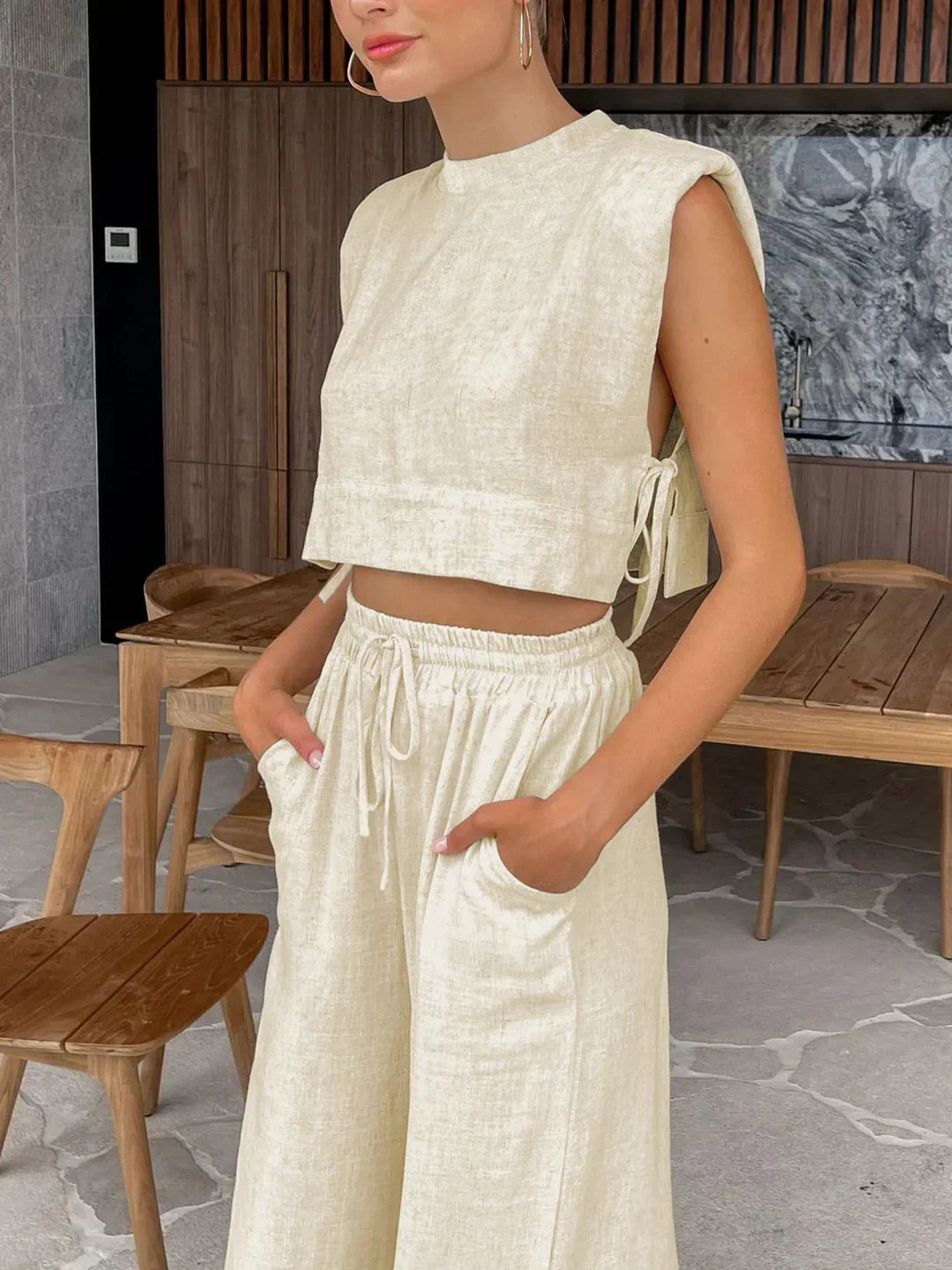 Always Chic Linen Two Piece Wide Leg Pants Set