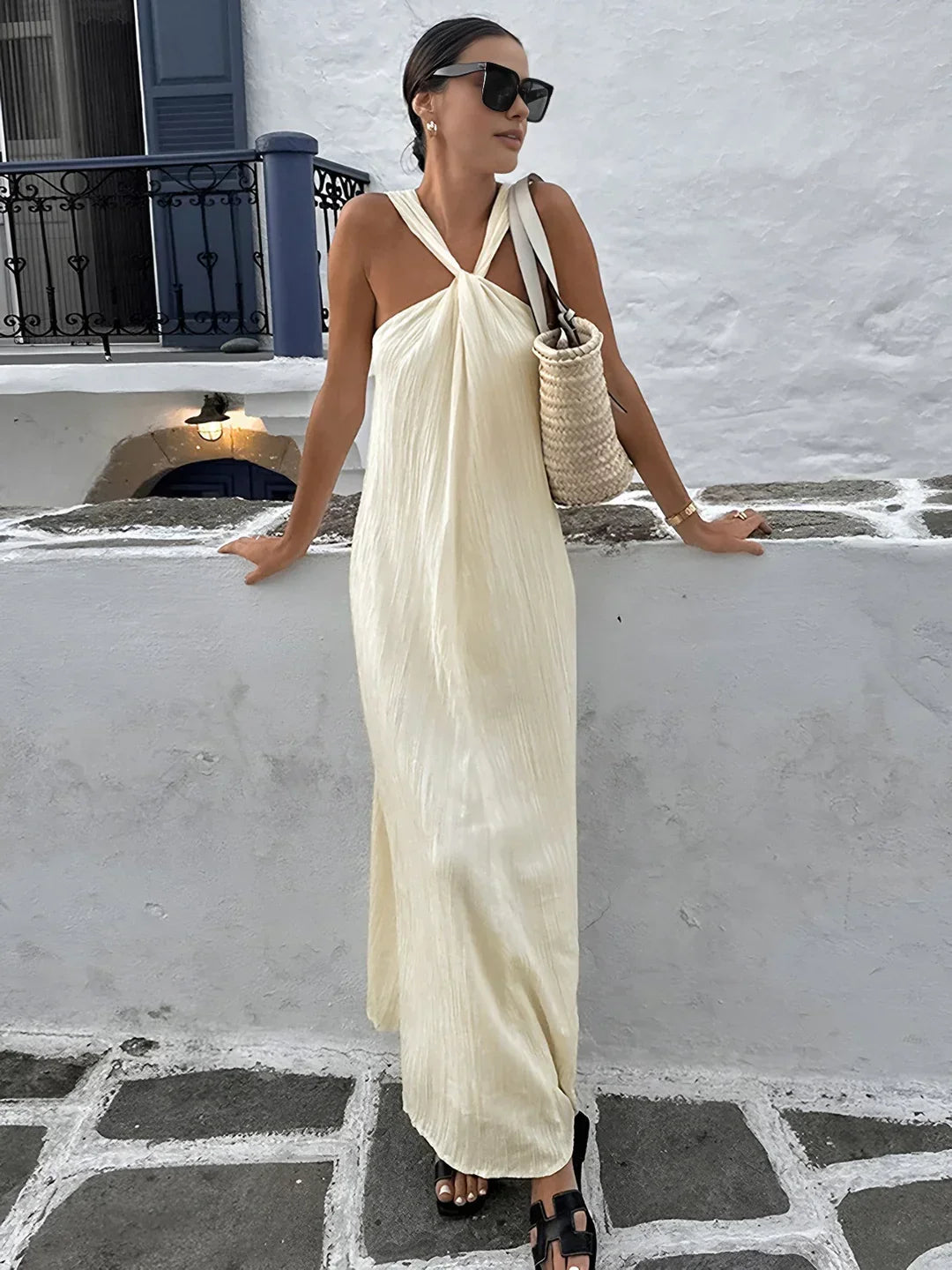 Backless Cross Shoulder Halter Long Dress