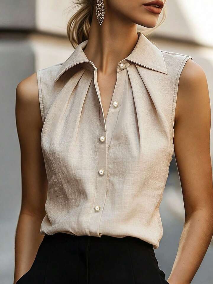 Elegant Button Front Top – Pleated Neck Sleeveless Fashion Blouse