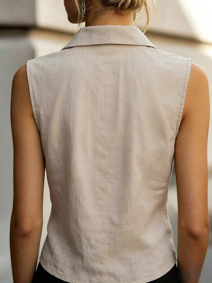 Elegant Button Front Top – Pleated Neck Sleeveless Fashion Blouse