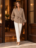 Belted Wool Blend Coat with Fur-Trim Cuffs