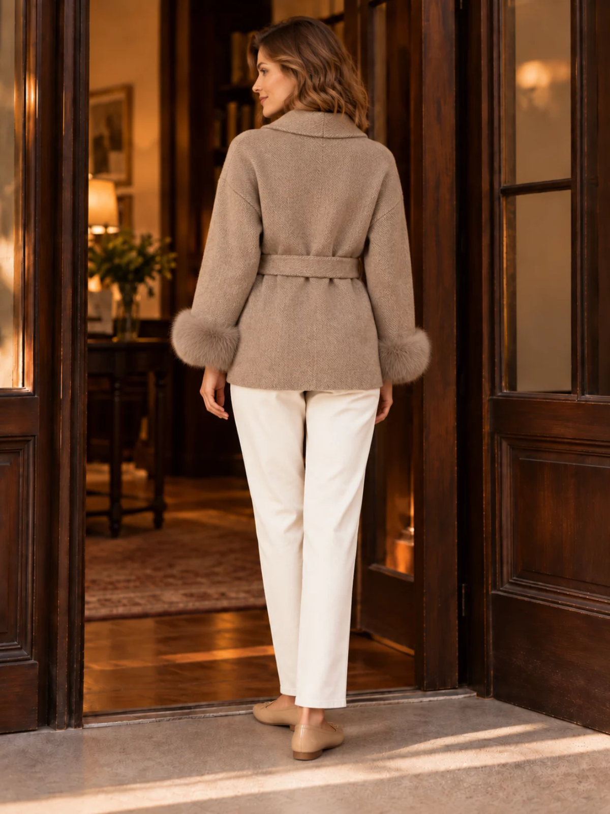 Belted Wool Blend Coat with Fur-Trim Cuffs