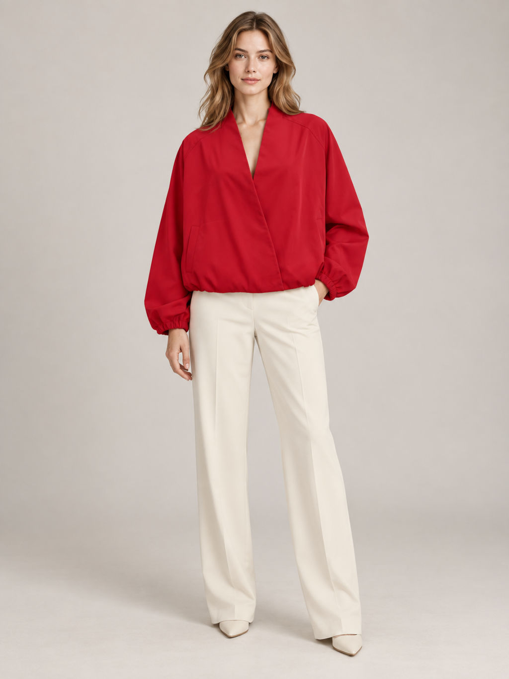 Draped V-Neck Lightweight Blouson Jacket